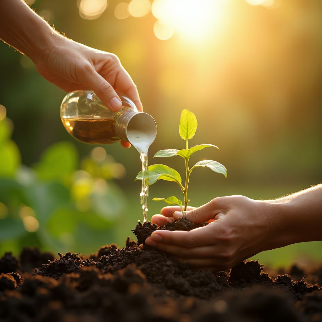 Person gently watering small plants